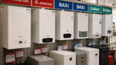 Ряд настінних газових котлів трьох брендів — Ariston, Baxi та Vaillant — на виставковому стенді магазину з відповідними фірмовими табличками