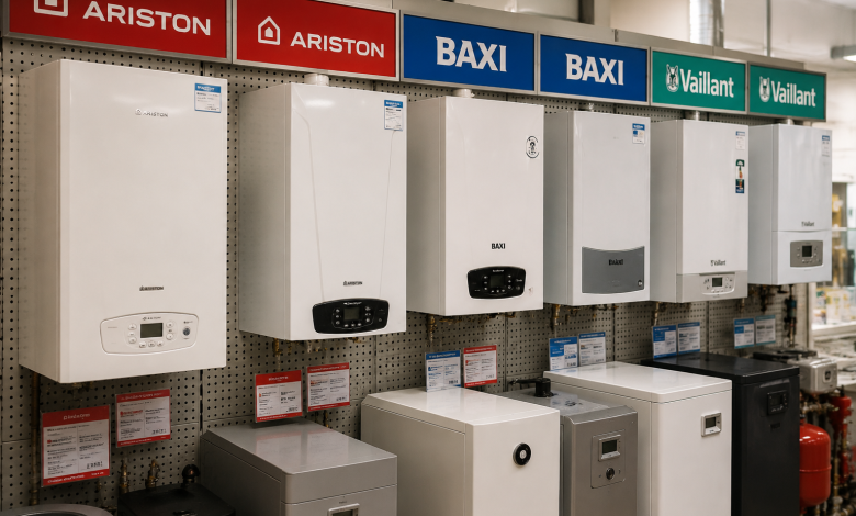 Ряд настінних газових котлів трьох брендів — Ariston, Baxi та Vaillant — на виставковому стенді магазину з відповідними фірмовими табличками