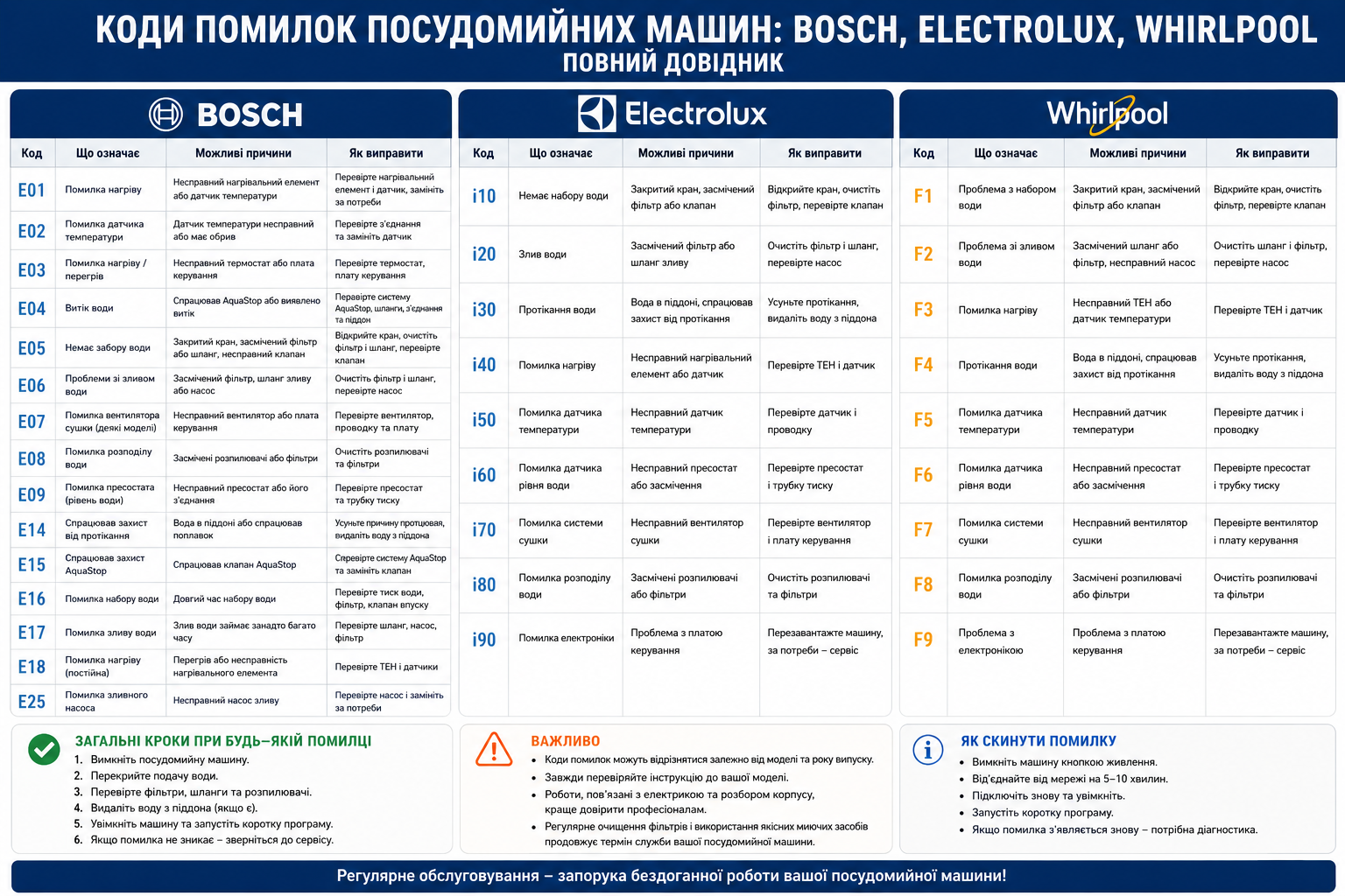 Детальна таблиця кодів помилок посудомийних машин трьох марок — Bosch, Electrolux та Whirlpool, з можливими причинами, способами усунення та загальними порадами щодо скидання