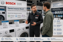 Консультант Bosch у фірмовій формі пояснює характеристики пральних машин Bosch серії 4 та 6 покупцю в магазині