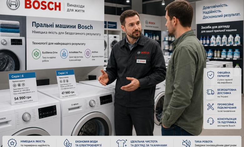 Консультант Bosch у фірмовій формі пояснює характеристики пральних машин Bosch серії 4 та 6 покупцю в магазині