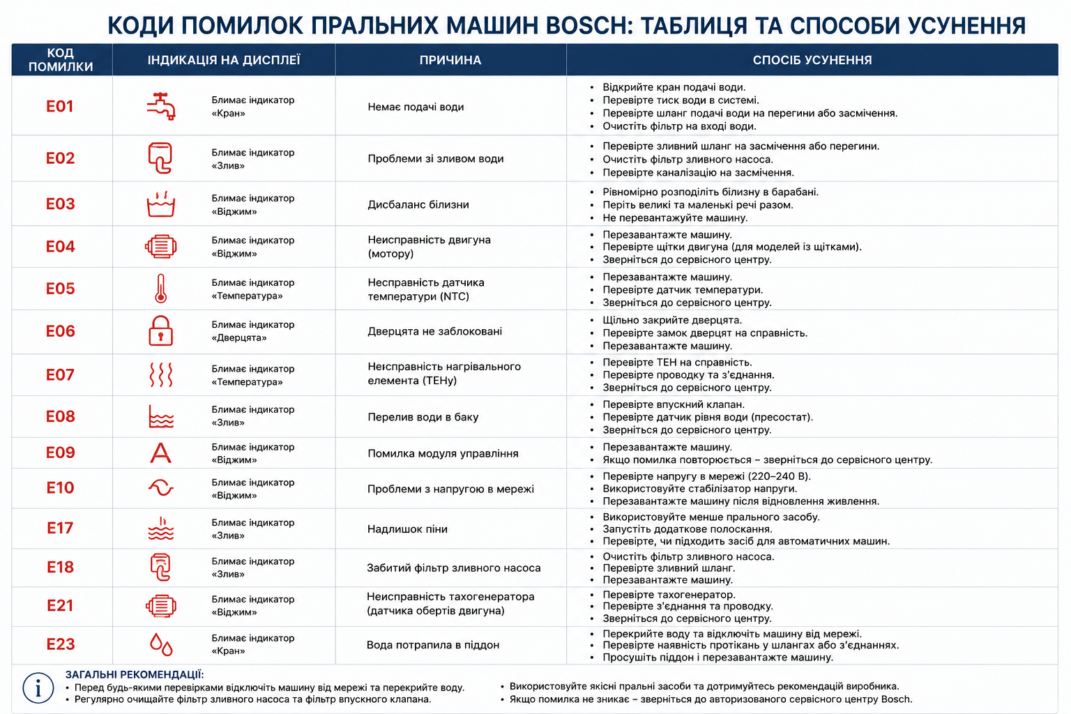 Таблиця кодів помилок пральних машин Bosch від E01 до E23 з описом причин та інструкціями з усунення несправностей
