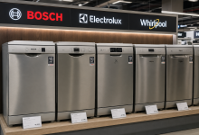 Ряд сріблястих посудомийних машин трьох брендів — Bosch, Electrolux та Whirlpool — на торговому стенді з цінниками в магазині побутової техніки