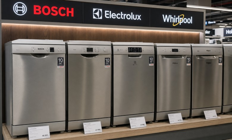Ряд сріблястих посудомийних машин трьох брендів — Bosch, Electrolux та Whirlpool — на торговому стенді з цінниками в магазині побутової техніки