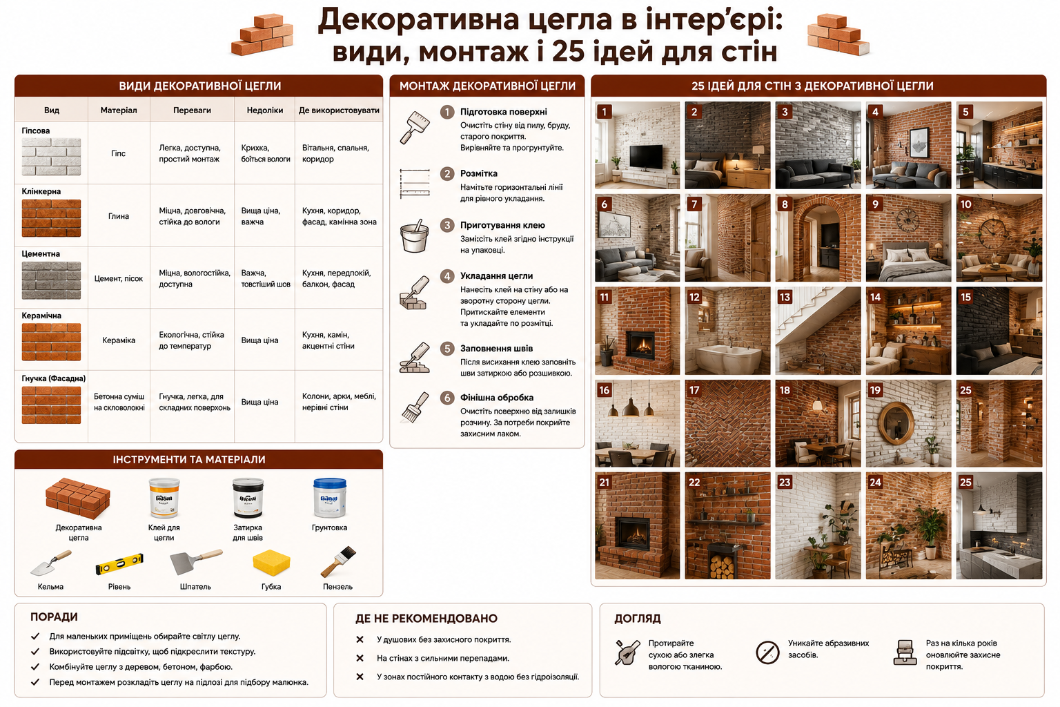 Інфографіка про види декоративної цегли, монтаж та ідеї оздоблення стін