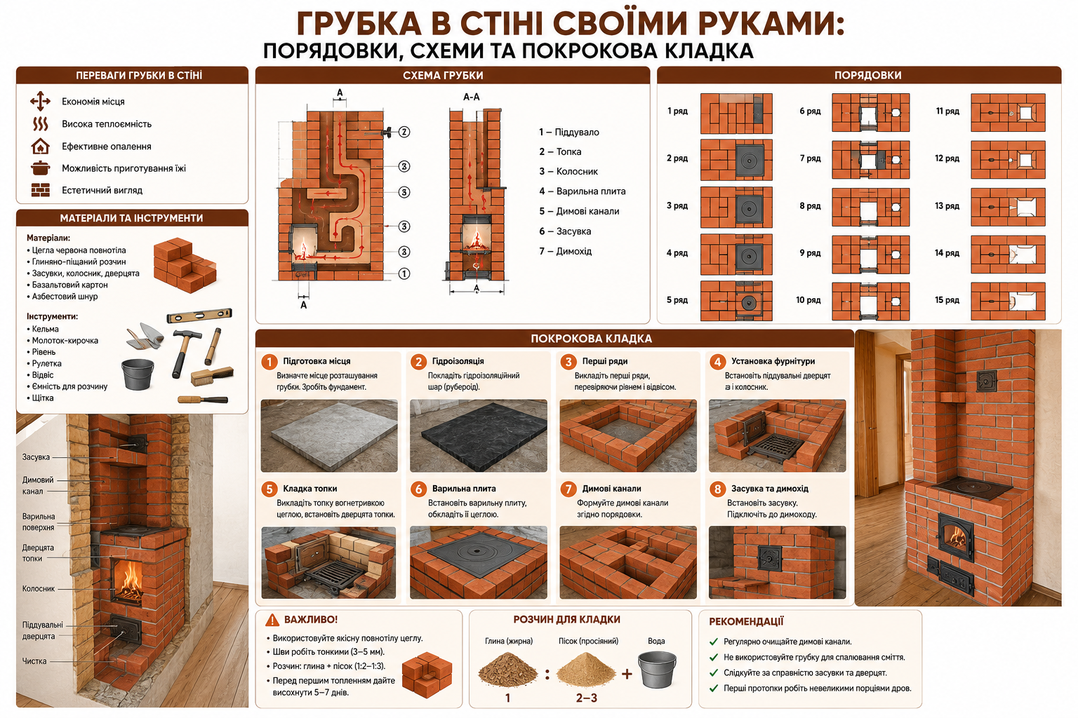Інфографіка зі схемою, порядовками та покроковою інструкцією кладки грубки