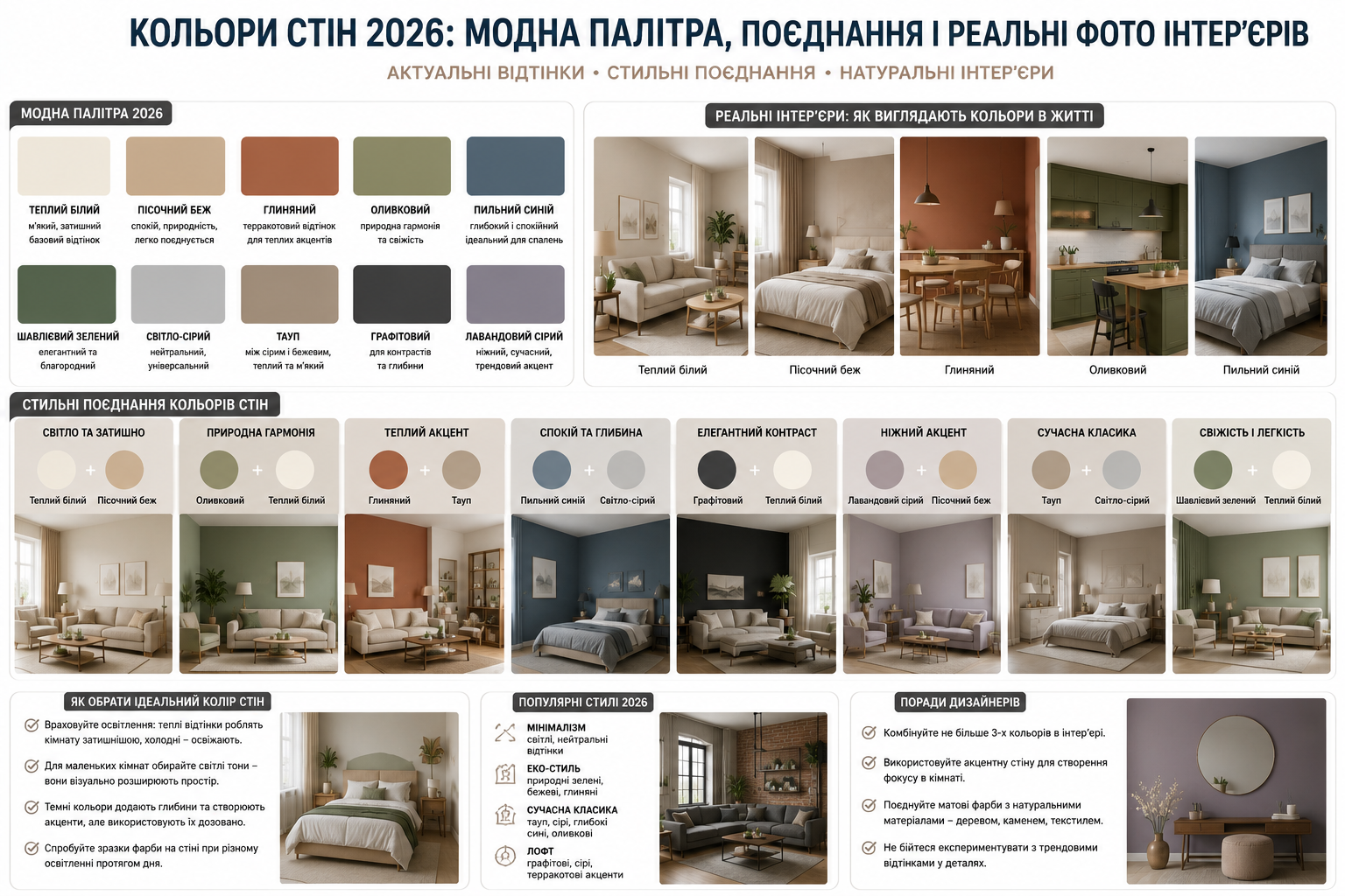 Інфографіка з модними кольорами стін 2026 року, поєднаннями та реальними інтер'єрами