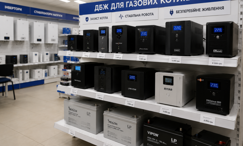 Вітрина магазину з джерелами безперебійного живлення для газових котлів. Фото демонструє асортимент ДБЖ різної потужності для резервного електроживлення.