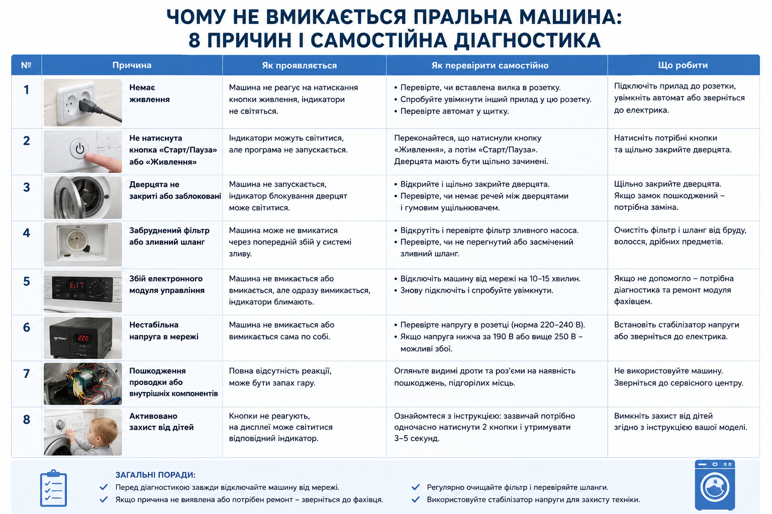 Інфографіка з причинами та самостійною діагностикою, чому не вмикається пральна машина