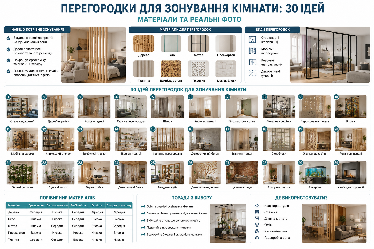 Інфографіка з 30 ідеями перегородок для зонування кімнати та порівнянням матеріалів
