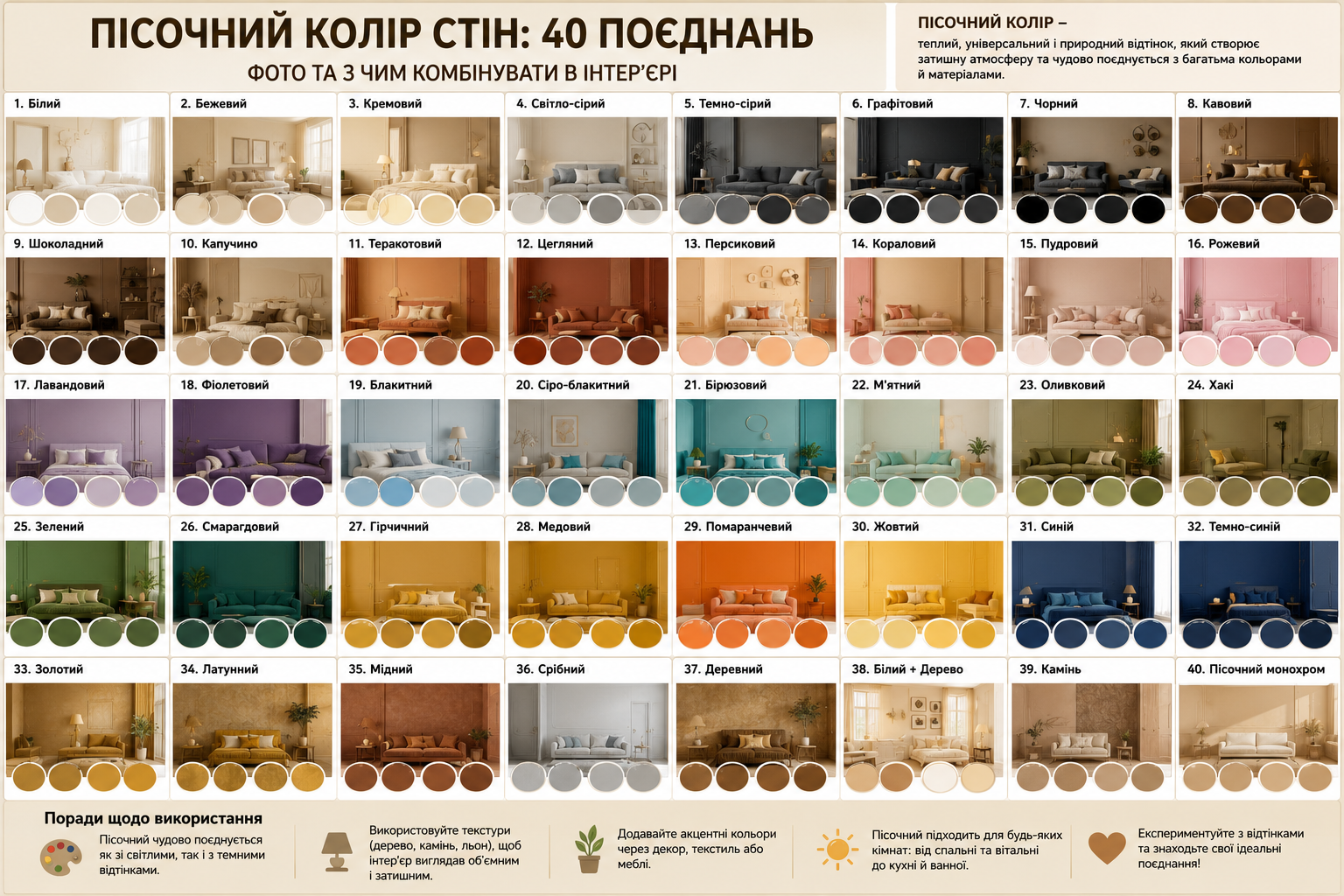 Підбірка з 40 поєднань пісочного кольору стін з іншими кольорами в інтер'єрі