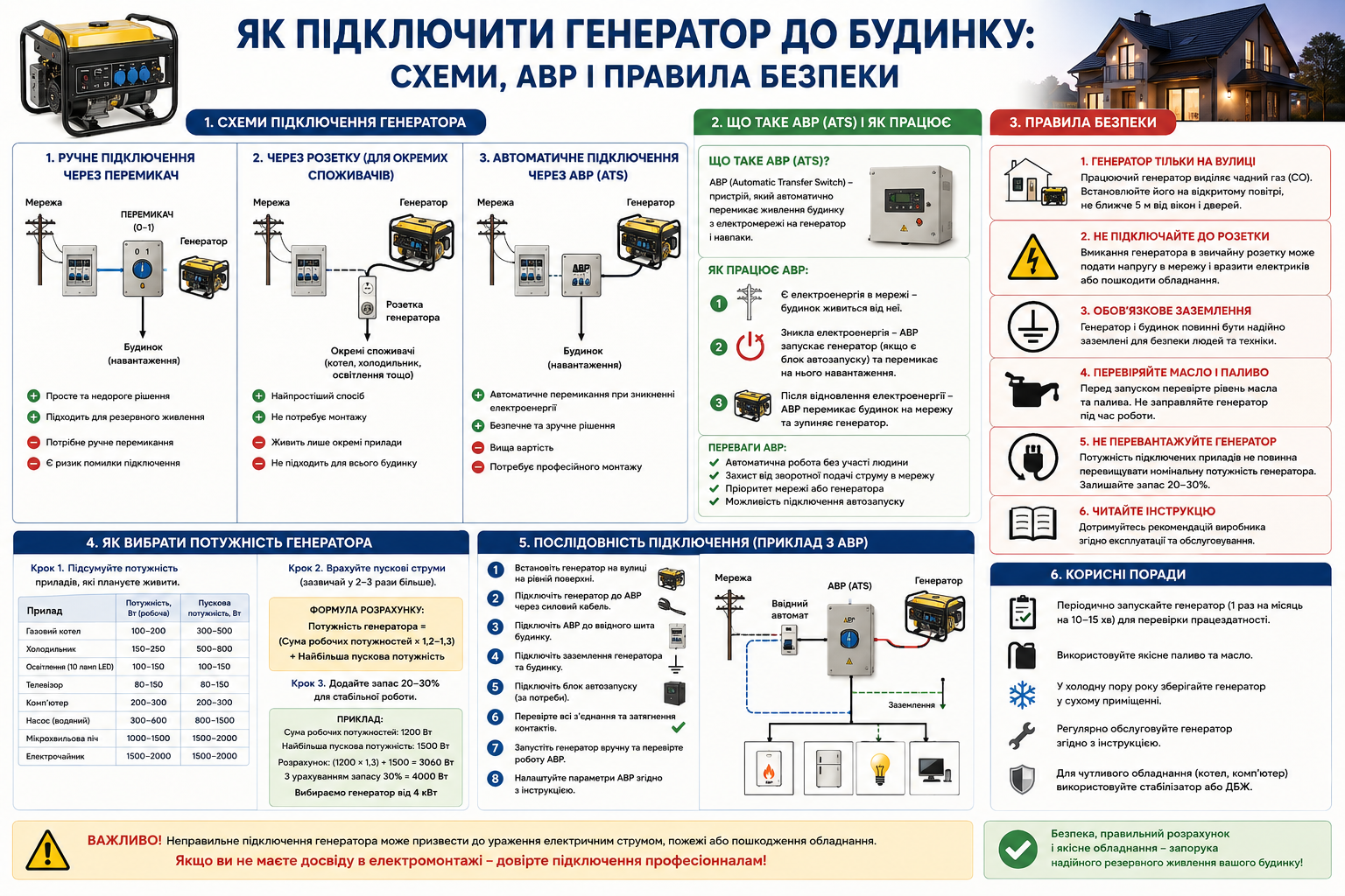 Інфографіка зі схемами підключення генератора до приватного будинку. Пояснення роботи АВР, варіантів підключення, вибору потужності генератора та правил безпечної експлуатації.