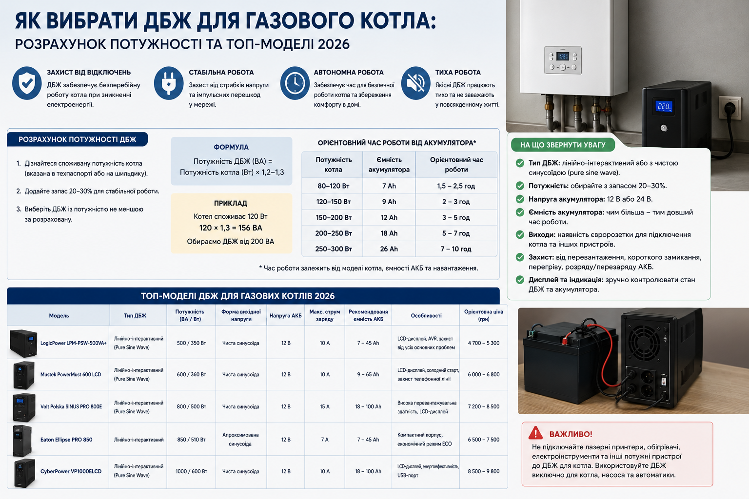 Інфографіка про вибір джерела безперебійного живлення для газового котла. Містить формули розрахунку потужності, приклади, рекомендації та популярні моделі ДБЖ.