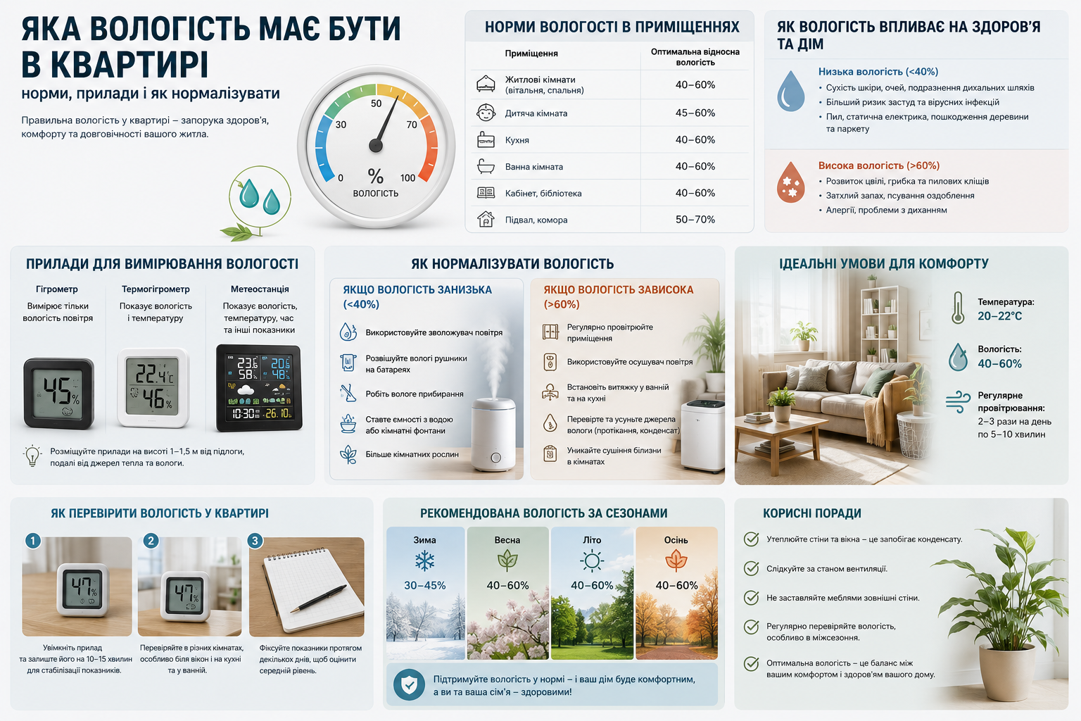 Інфографіка про оптимальну вологість повітря в квартирі та способи її підтримання