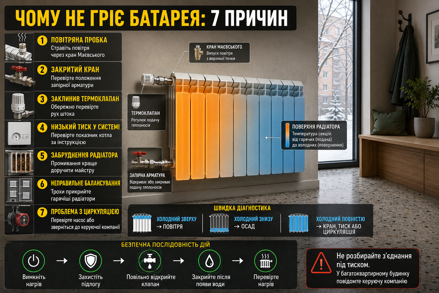 Інфографіка про причини холодної батареї опалення, включно з повітряною пробкою, низьким тиском і проблемами циркуляції