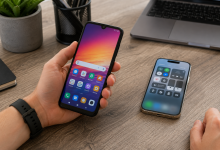 Чоловік тримає смартфон Xiaomi Redmi Note 7 із відкритим головним екраном, поруч на столі лежить сучасний смартфон і ноутбук