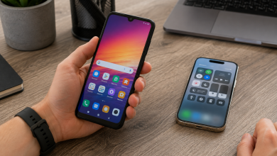 Чоловік тримає смартфон Xiaomi Redmi Note 7 із відкритим головним екраном, поруч на столі лежить сучасний смартфон і ноутбук