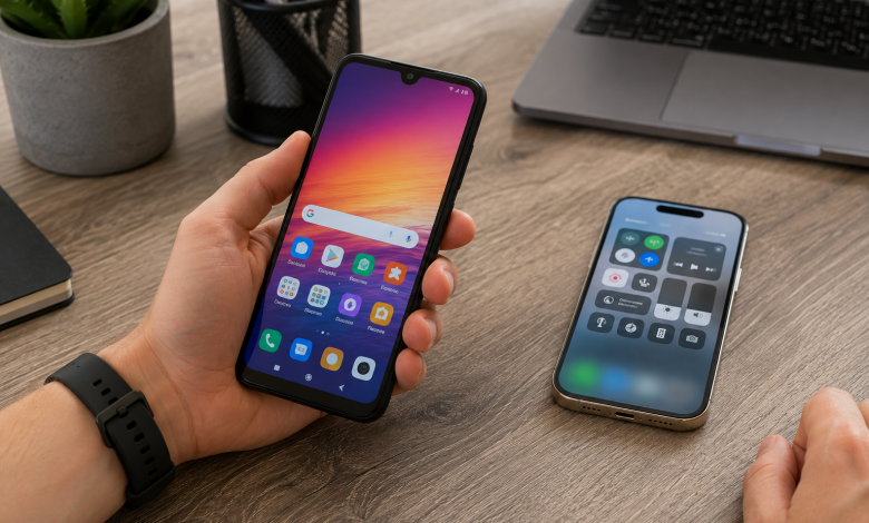 Чоловік тримає смартфон Xiaomi Redmi Note 7 із відкритим головним екраном, поруч на столі лежить сучасний смартфон і ноутбук