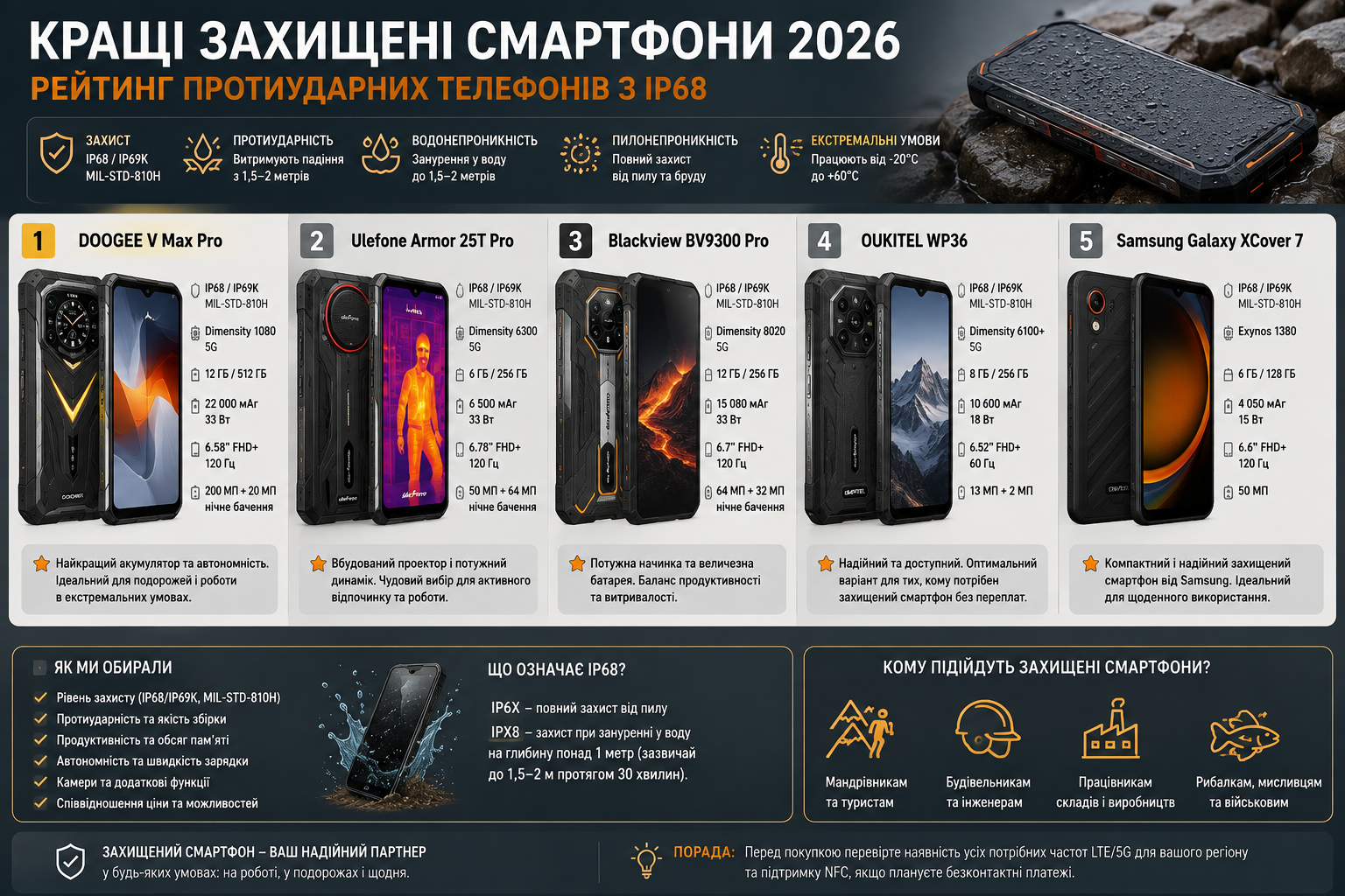 Інфографіка з рейтингом протиударних смартфонів із захистом IP68 та IP69K, характеристиками, акумуляторами й рекомендаціями для роботи та активного відпочинку