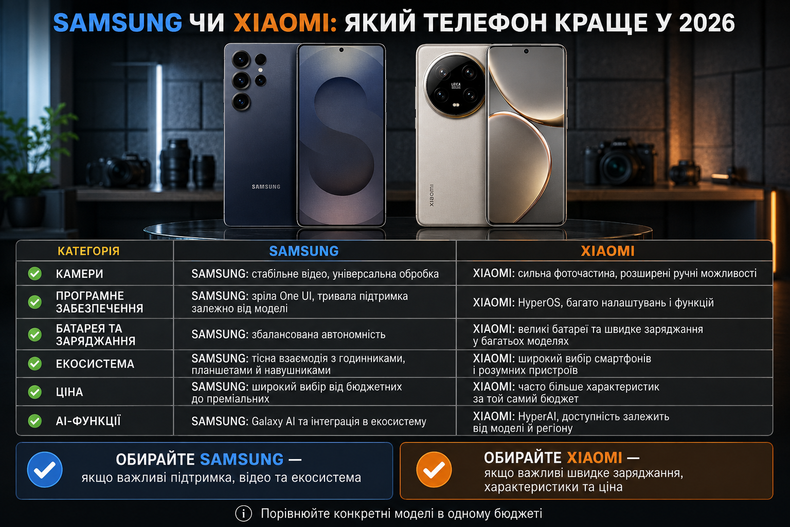 Інфографіка з порівнянням смартфонів Samsung і Xiaomi за камерами, програмним забезпеченням, батареєю, ціною та функціями