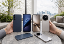 Кілька сучасних смартфонів Samsung і Xiaomi показані поруч для порівняння дизайну, камер і розмірів