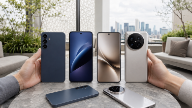 Кілька сучасних смартфонів Samsung і Xiaomi показані поруч для порівняння дизайну, камер і розмірів