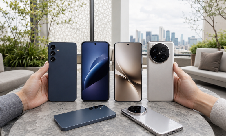 Кілька сучасних смартфонів Samsung і Xiaomi показані поруч для порівняння дизайну, камер і розмірів